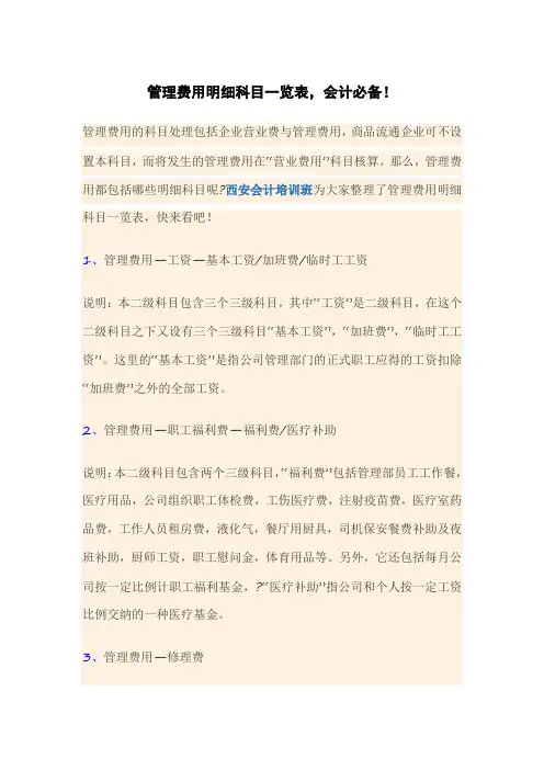 管理费用明细科目一览表
