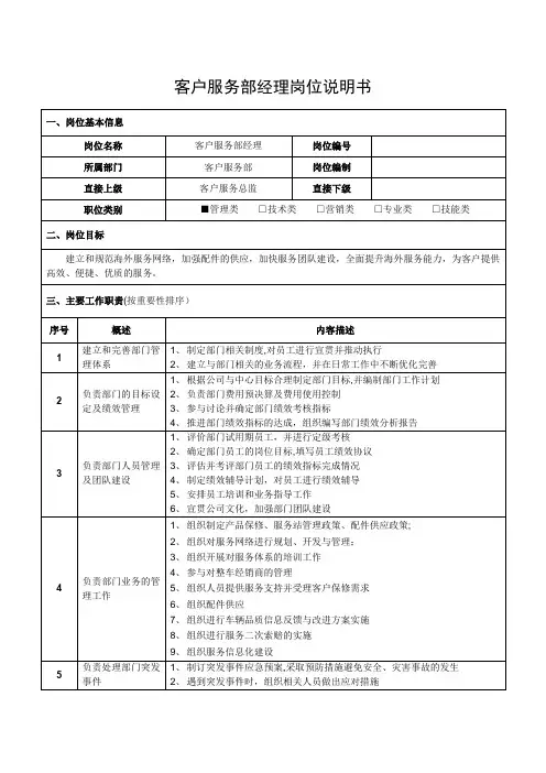 客户服务部经理岗位说明书