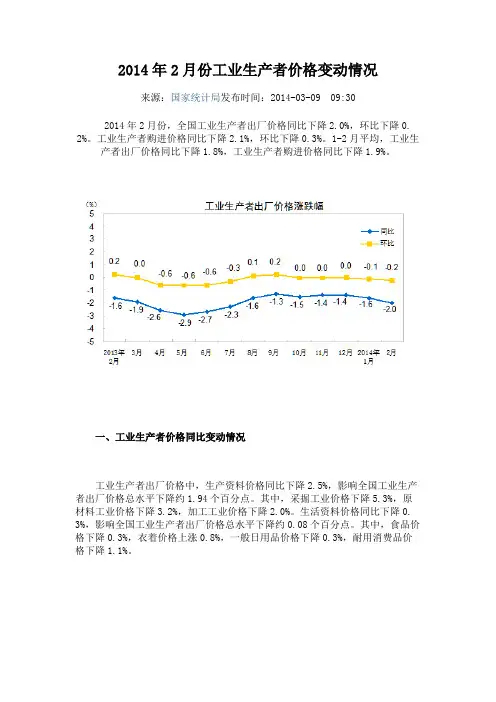 2014年2月份工业生产者价格变动情况