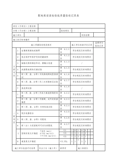 配电柜安装检验批质量验收记录表