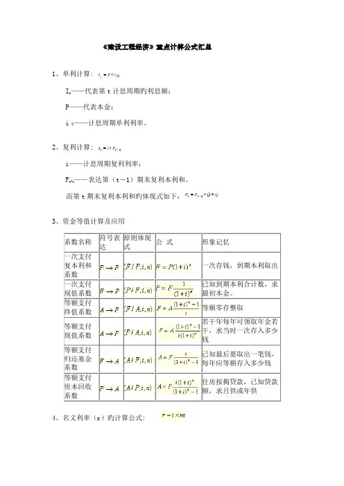 建设关键工程经济重点计算公式汇总