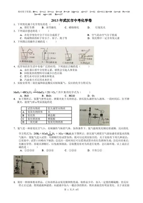 2013年武汉市中考化学卷word版