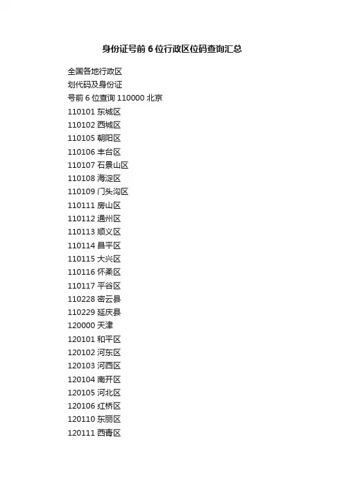 身份证号前6位行政区位码查询汇总