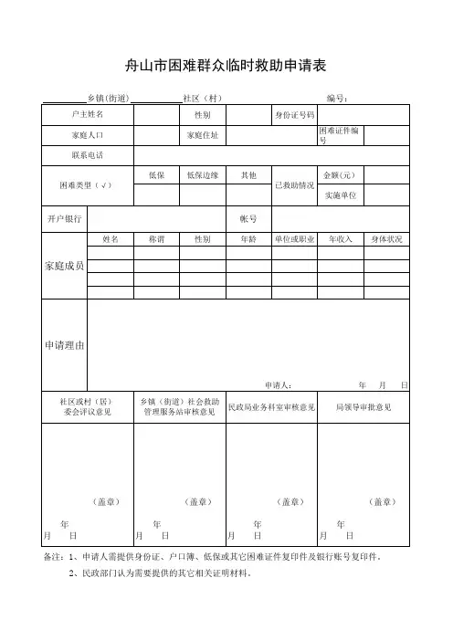 舟山市困难群众临时救助申请表新