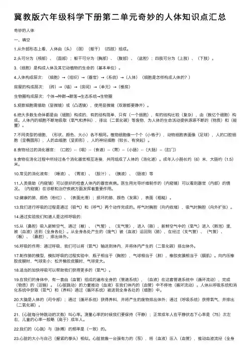 冀教版六年级科学下册第二单元奇妙的人体知识点汇总