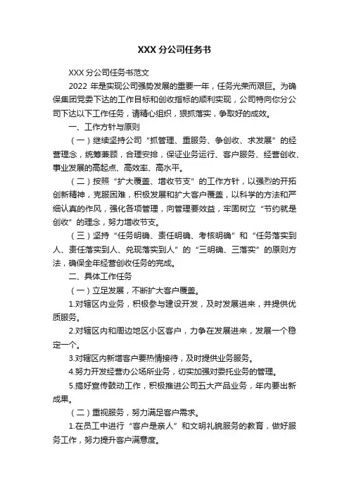 XXX分公司任务书