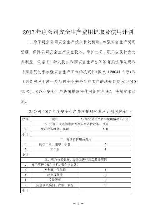 2017年度公司安全生产费用提取及使用计划