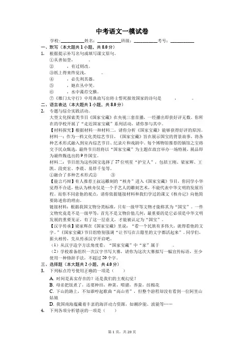 江苏省泰州市中考语文一模试卷(含答案)