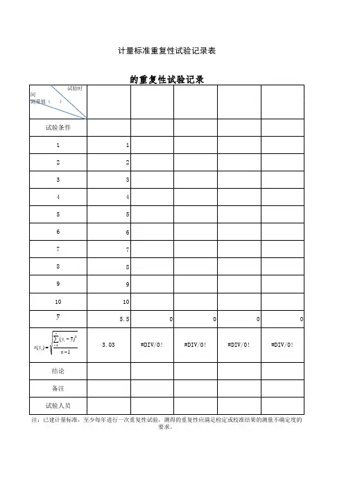 计量标准重复性及稳定性考核记录表