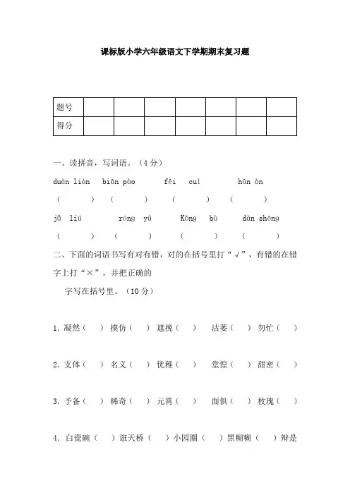 小学六年级语文下学期期末复习检测试卷