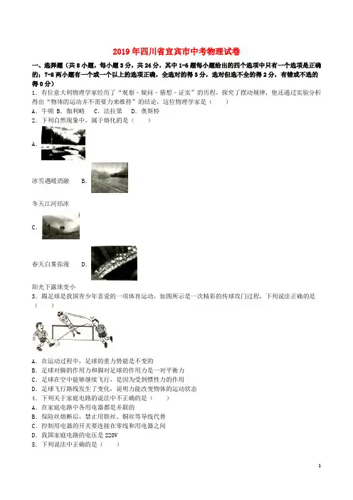 四川省宜宾市2019年中考物理真题试题(含解析)