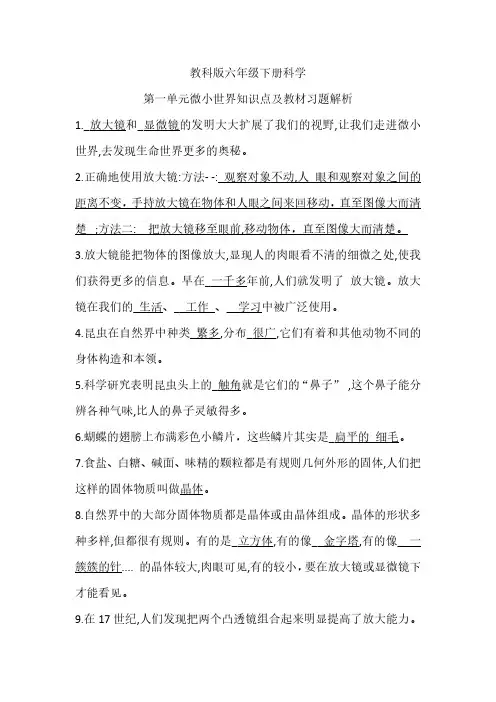 教科版六年级下册科学第一单元微小世界知识点及教材习题解析