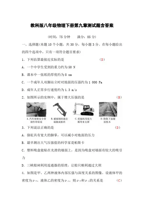 教科版八年级物理下册第九章测试题含答案