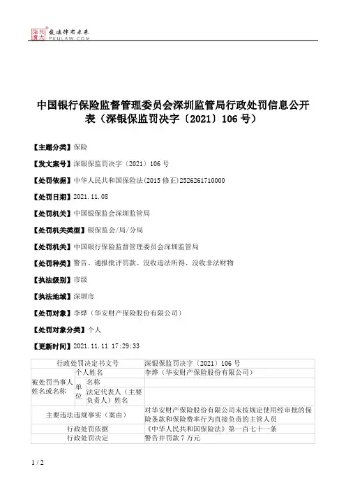中国银行保险监督管理委员会深圳监管局行政处罚信息公开表（深银保监罚决字〔2021〕106号）