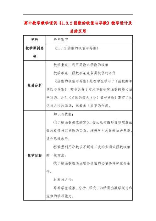高中数学教学课例《1.3.2函数的极值与导数》课程思政核心素养教学设计及总结反思