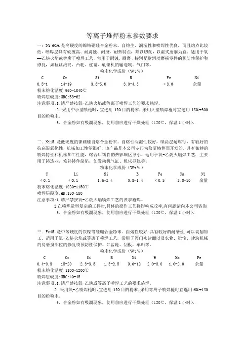 等离子堆焊粉末参数要求