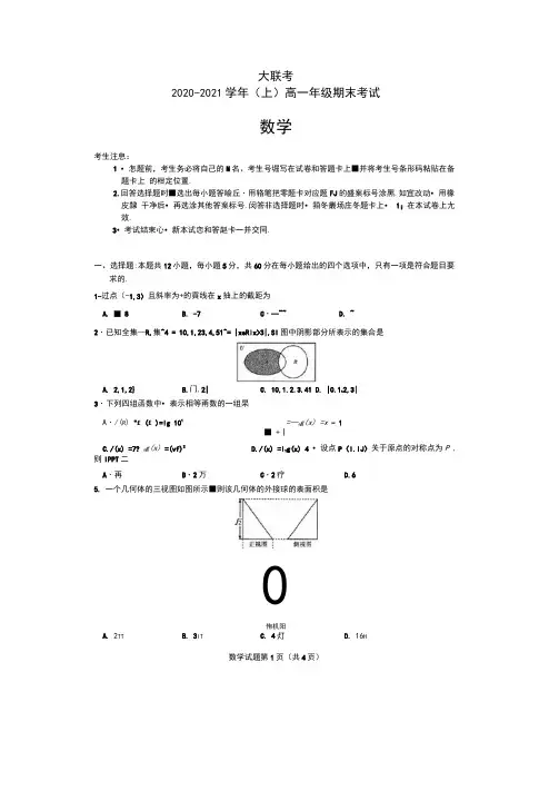 河南省天一大联考2020-2021学年(上)高一年级期末考试数学试题(扫描版)