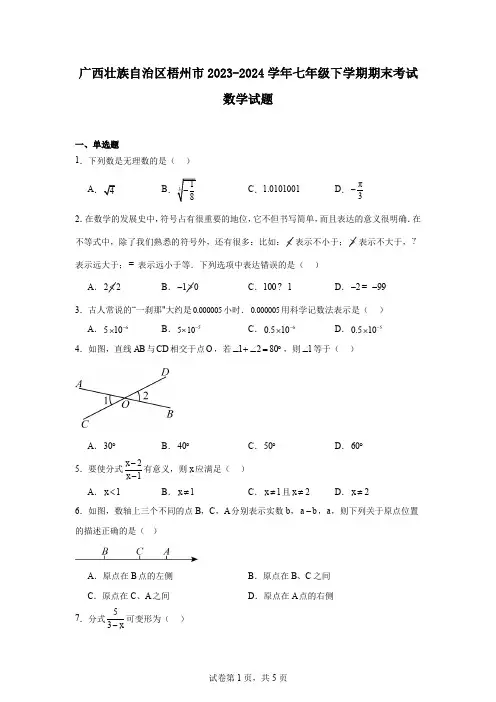 广西壮族自治区梧州市2023-2024学年七年级下学期期末考试数学试题