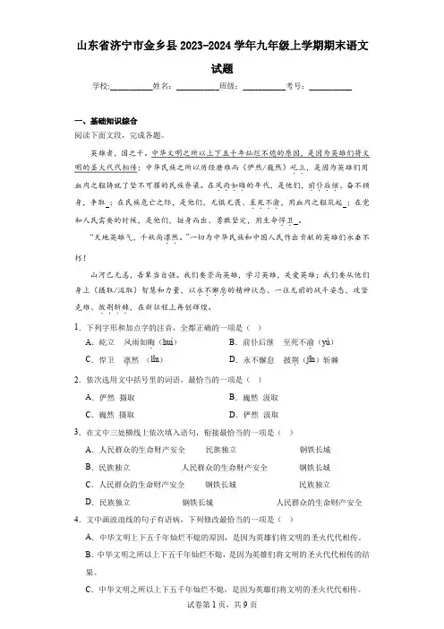山东省济宁市金乡县2023-2024学年九年级上学期期末语文试题