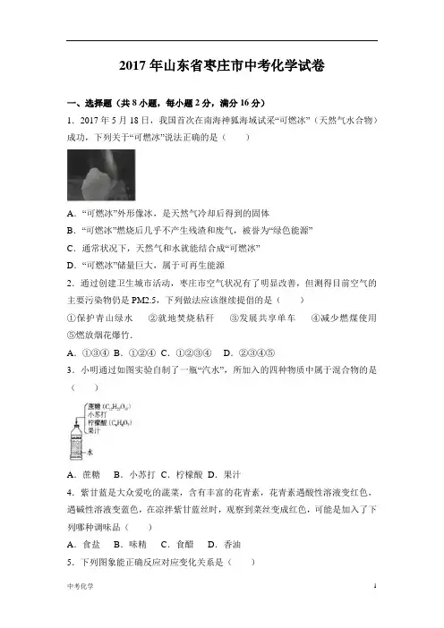 2017年山东省枣庄市中考化学试卷(解析版)