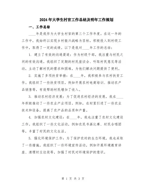 2024年大学生村官工作总结及明年工作规划