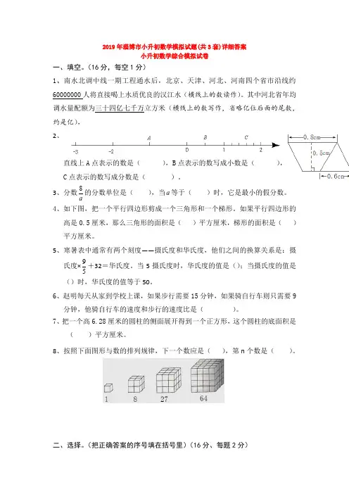 2019年淄博市小升初数学模拟试题(共3套)详细答案