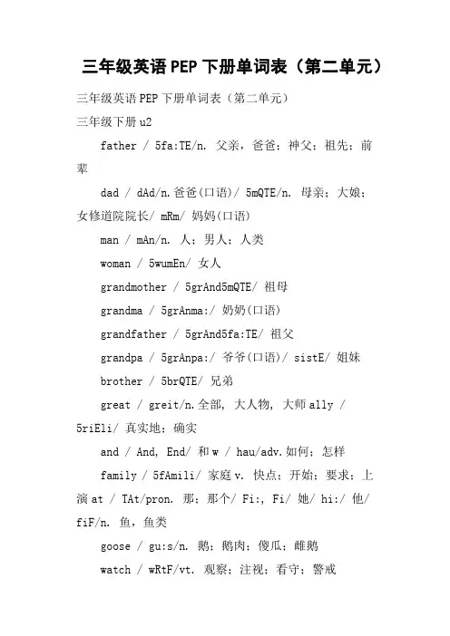 三年级英语PEP下册单词表第二单元