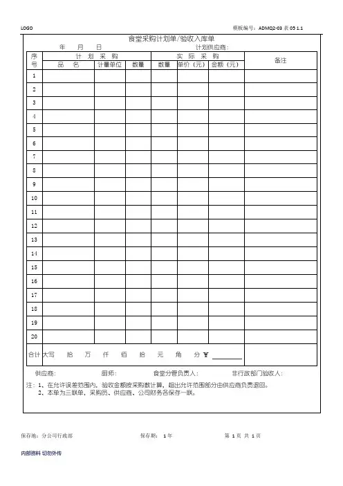 食堂采购计划单 验收入库单模板