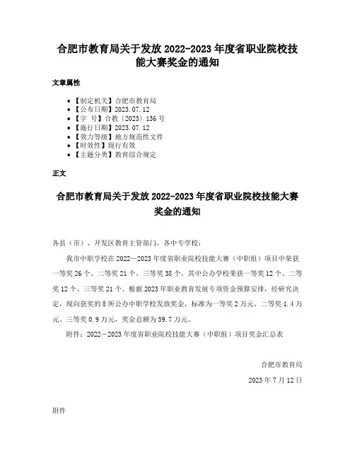 合肥市教育局关于发放2022-2023年度省职业院校技能大赛奖金的通知