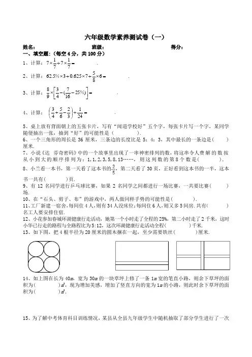 六年级数学素养测试卷(一)