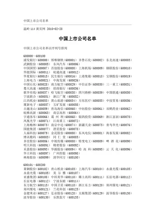中国上市公司名单
