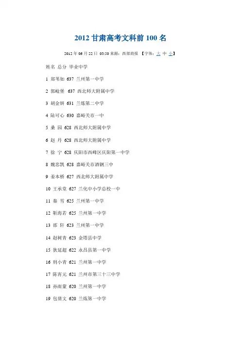 2012甘肃省文科前一百