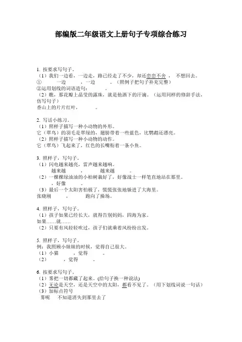 小学二年级语文上册句子专项综合练习·部编版(人教)