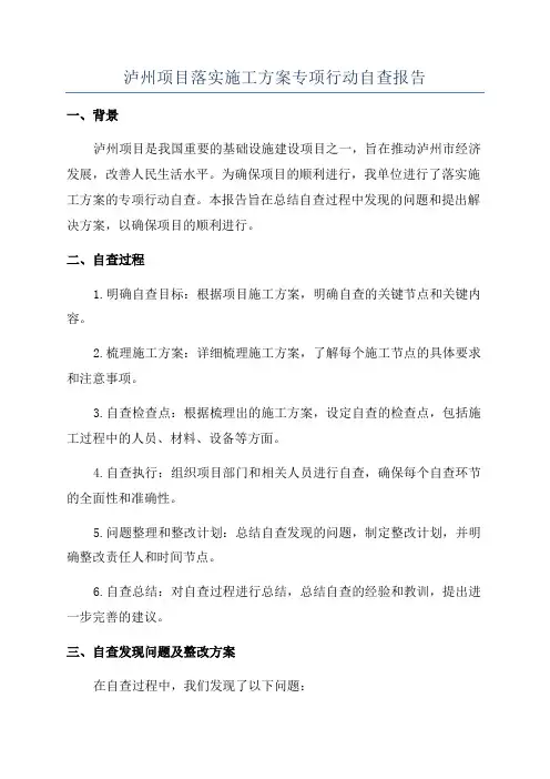 泸州项目落实施工方案专项行动自查报告