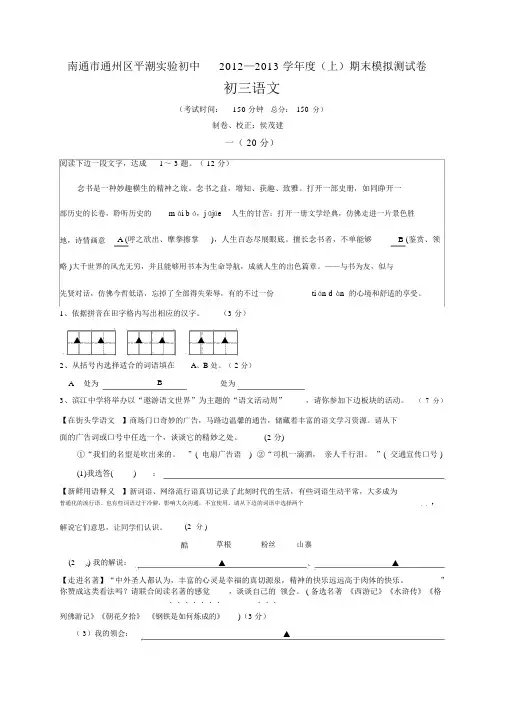 苏教版初三语文模拟试题及答案