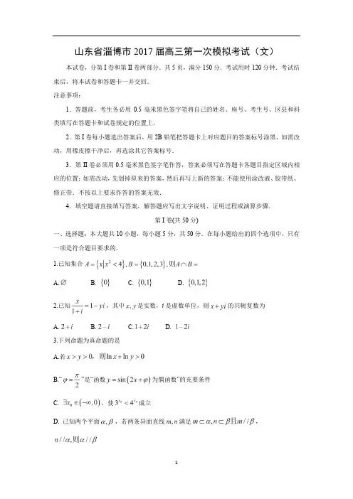 数学山东省淄博市高三第一次模拟考试(文)