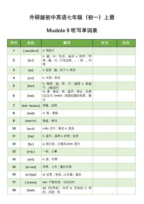 外研版初中英语七年级(初一)上册Mudole 9听写单词表