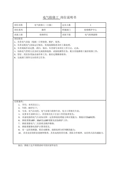 电气检修工 岗位说明书