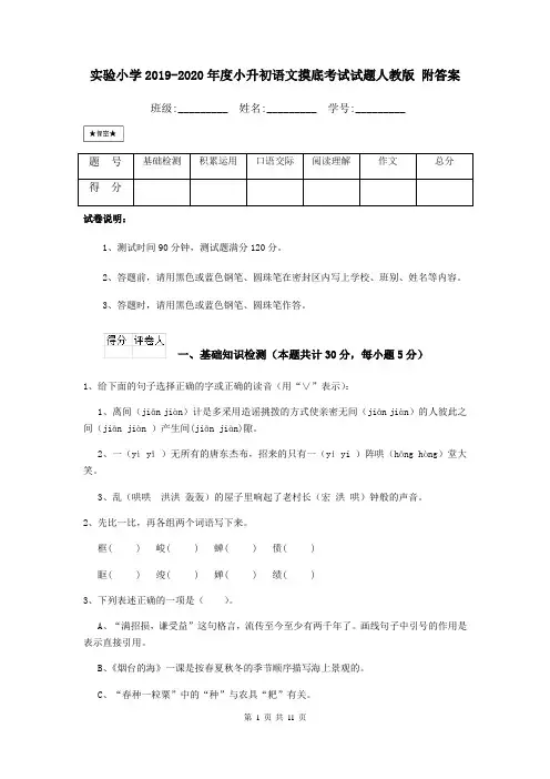 实验小学2019-2020年度小升初语文摸底考试试题人教版 附答案