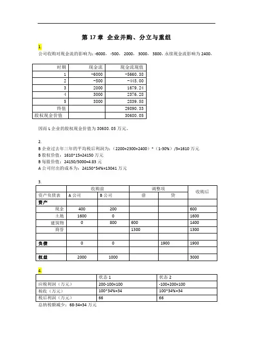 《公司理财》第二版课后答案 17 企业并购、分立与重组