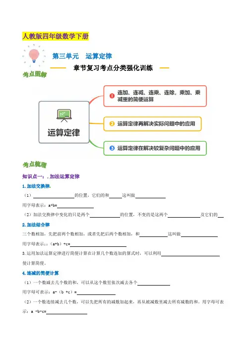 【精品】第三单元《运算定律》章节复习—四年级数学下册考点分类强化训练(原卷)人教版