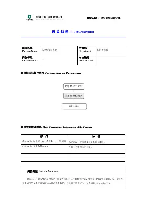岗位说明书——物资管理科科长