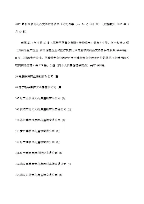 互联网药品交易服务资格证公司名单 A B C证汇总 