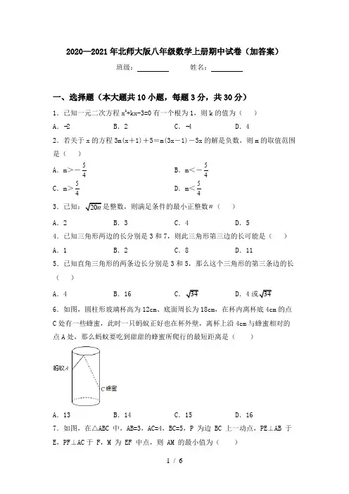 2020—2021年北师大版八年级数学上册期中试卷(加答案)
