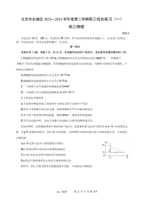 东城区2024届高三一模物理试题及答案
