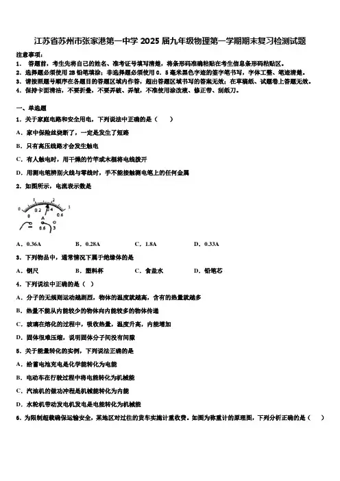 江苏省苏州市张家港第一中学2025届九年级物理第一学期期末复习检测试题含解析