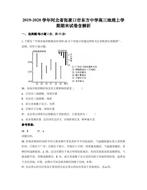 2019-2020学年河北省张家口市东方中学高三地理上学期期末试卷含解析
