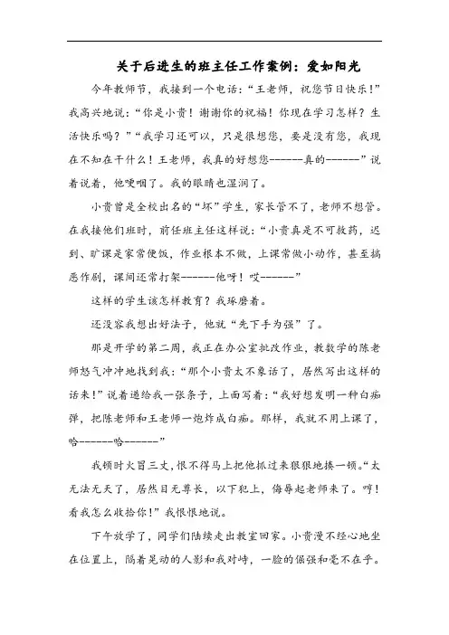 关于后进生的班主任工作案例：爱如阳光