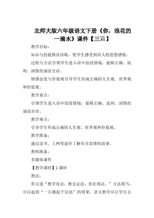 北师大版六年级语文下册《你浪花的一滴水》课件【三篇】