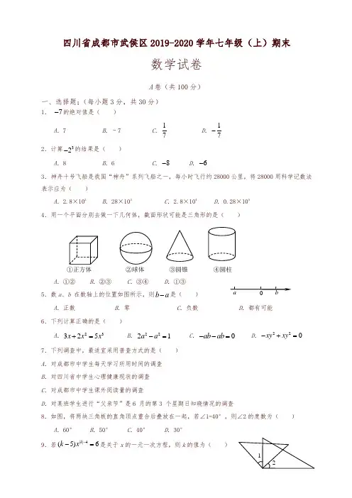 2019-2020学年四川省成都市武侯区七年级上册期末数学试卷有答案-优质版